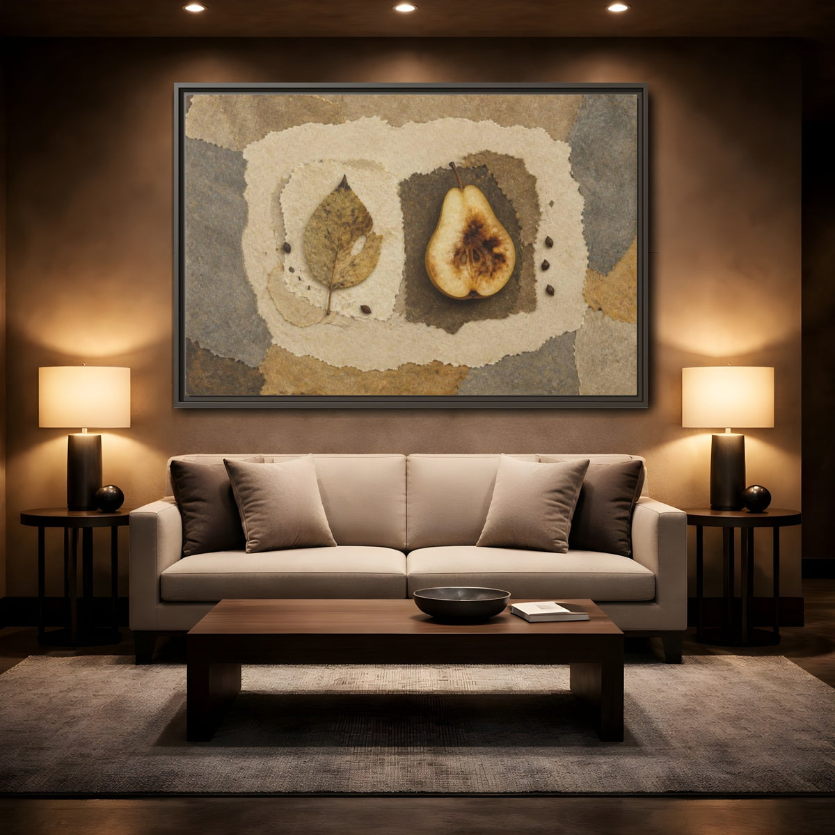 Mockup 2. Wabi Sabi Pear Collage shown as framed canvas print