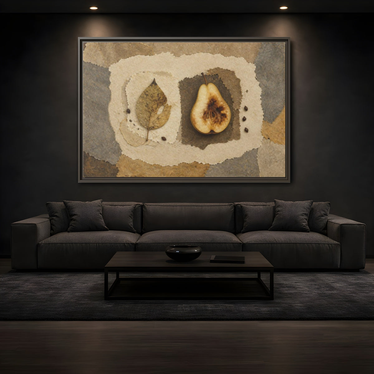 Mockup 3. Wabi Sabi Pear Collage shown as framed canvas print