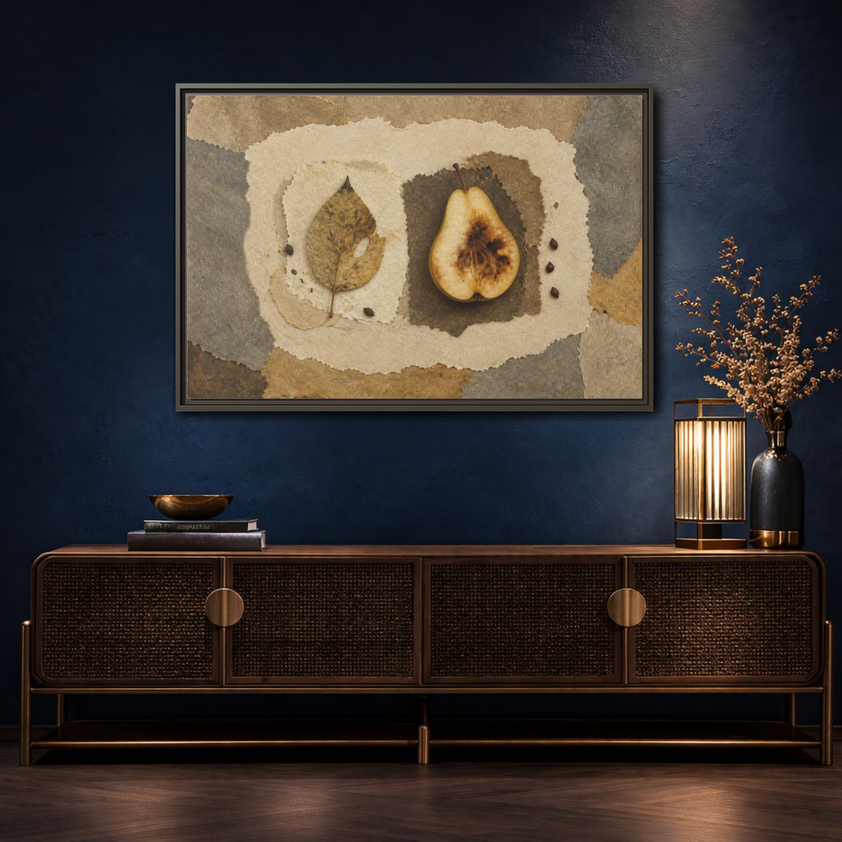 Mockup 4. Wabi Sabi Pear Collage shown as framed canvas print