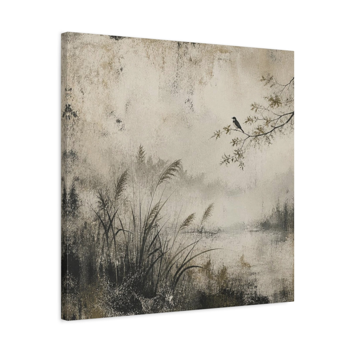 Side Mockup 4. Wabi Sabi Perched Bird shown as canvas print