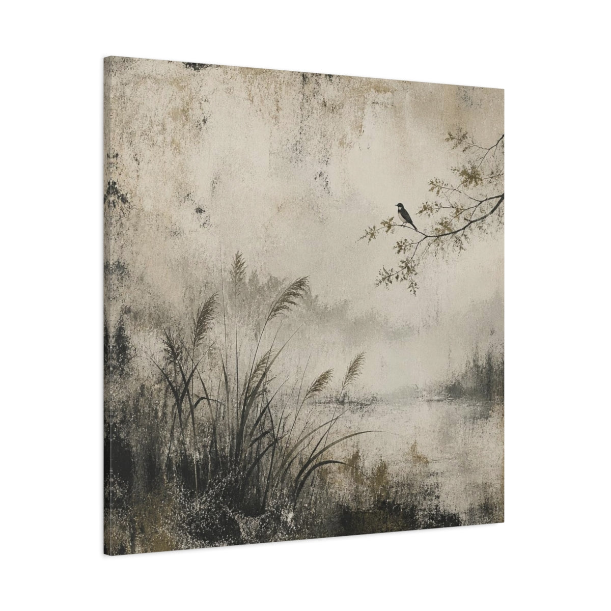 Side Mockup 1. Wabi Sabi Perched Bird shown as canvas print