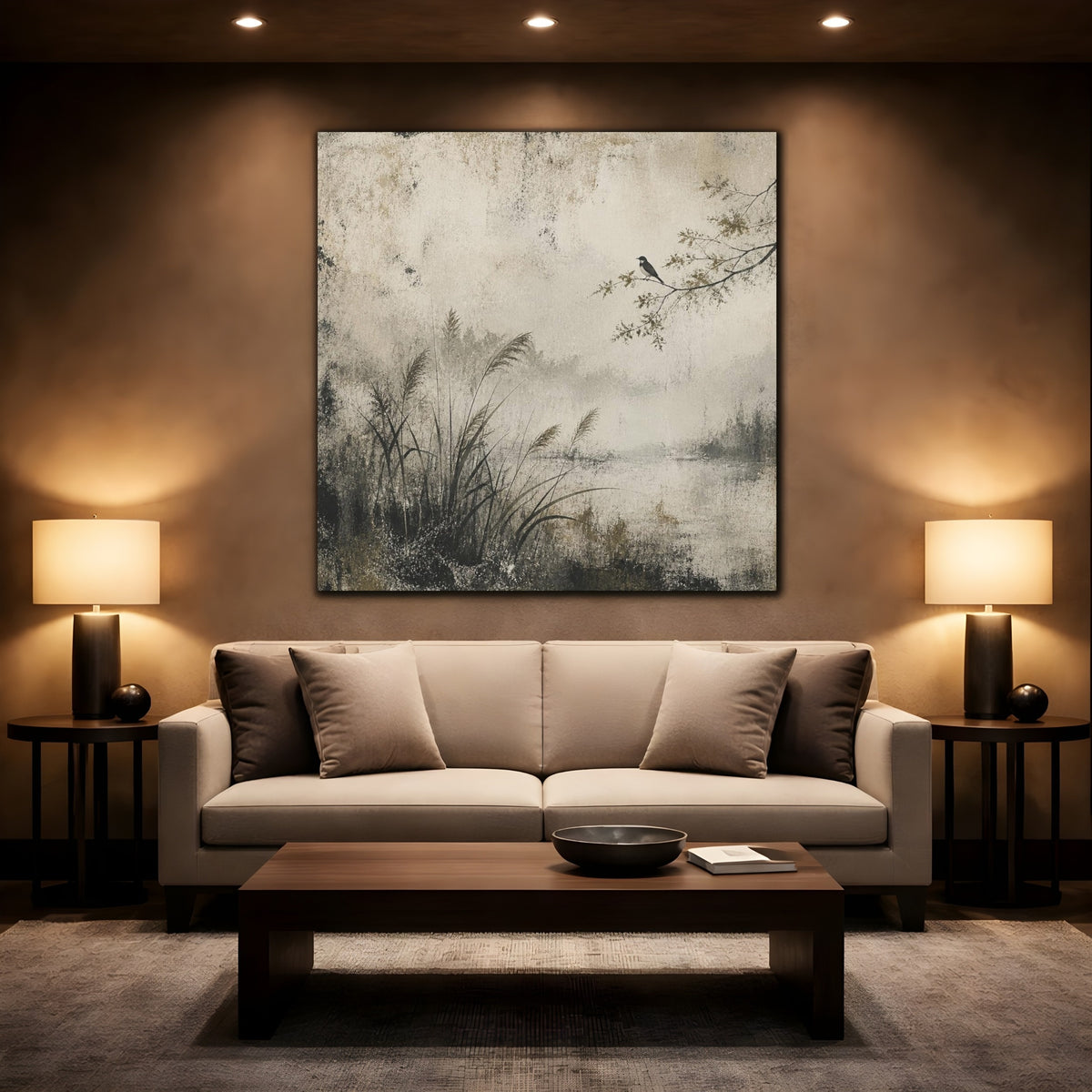 Mockup 2. Wabi Sabi Perched Bird shown as canvas print