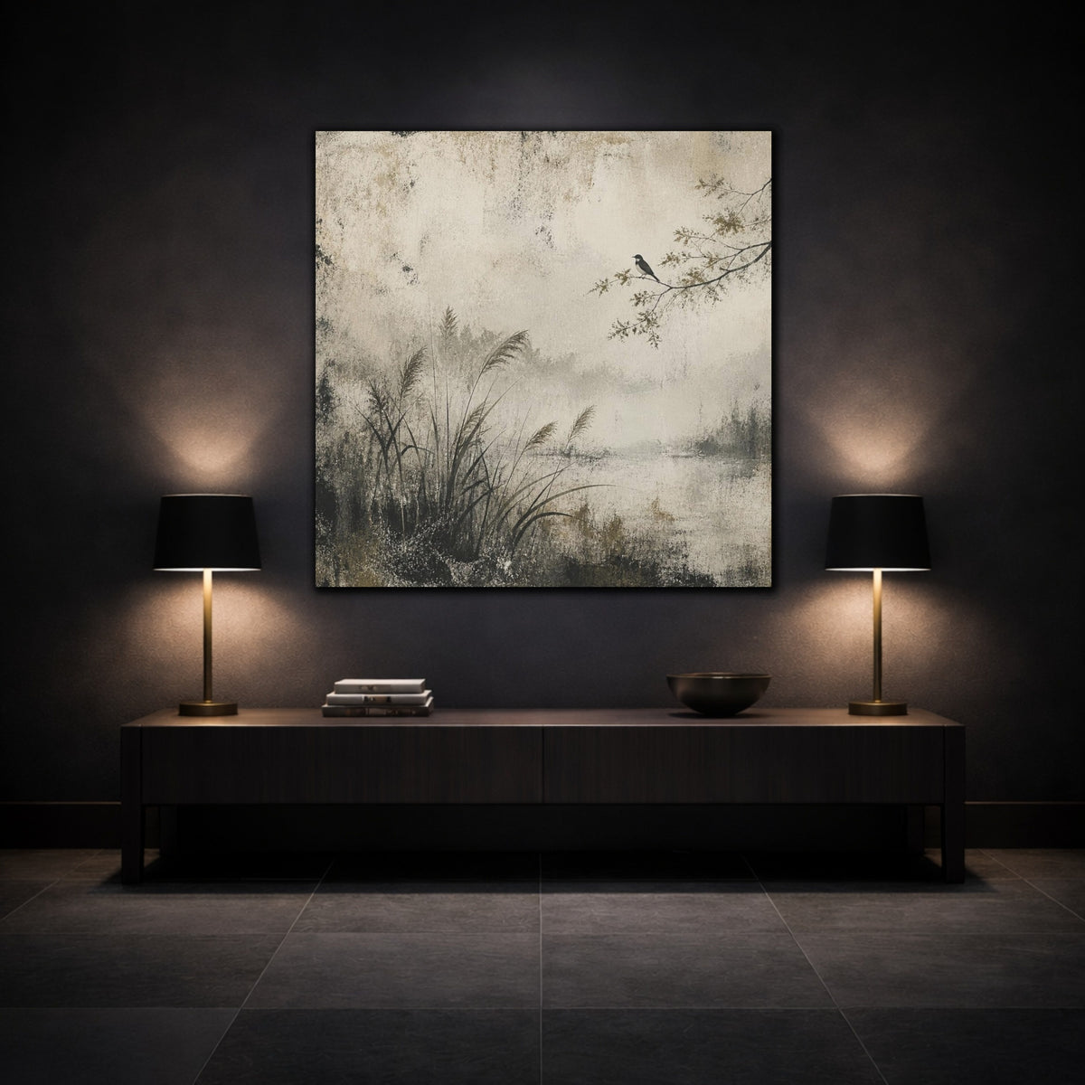 Mockup 3. Wabi Sabi Perched Bird shown as canvas print