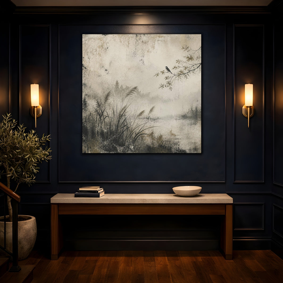 Mockup 4. Wabi Sabi Perched Bird shown as canvas print