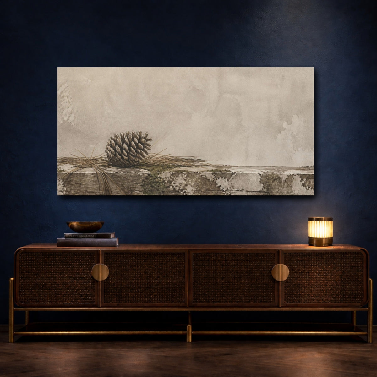 Mockup 4. Wabi Sabi Pine Cone Study shown as canvas print