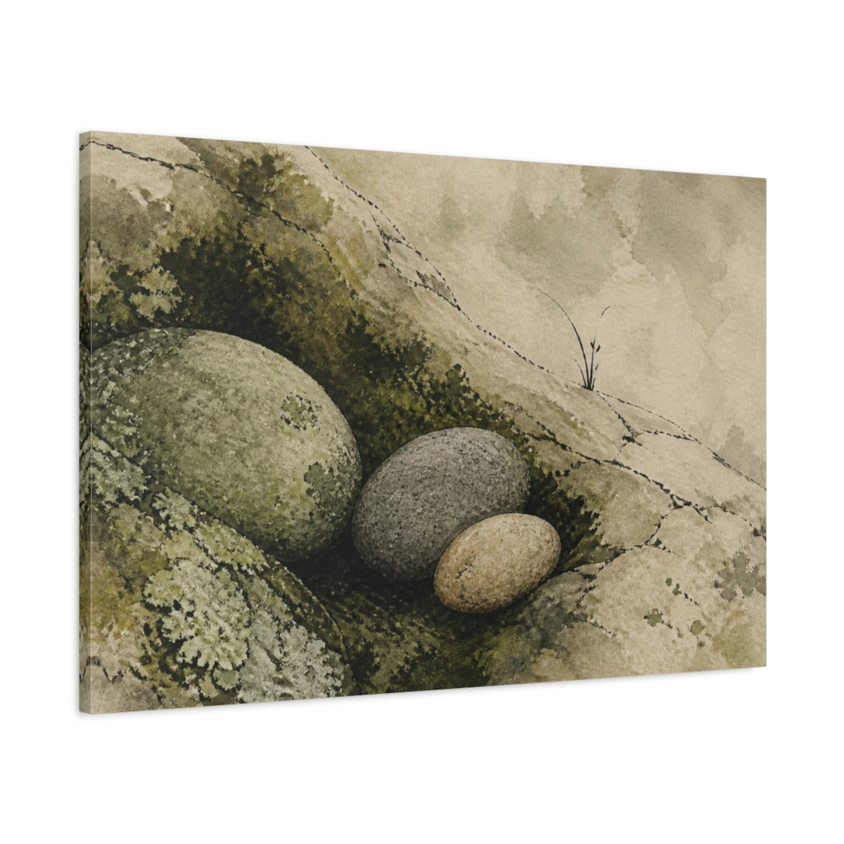 Main Mockup. Wabi Sabi River Stones shown as canvas print
