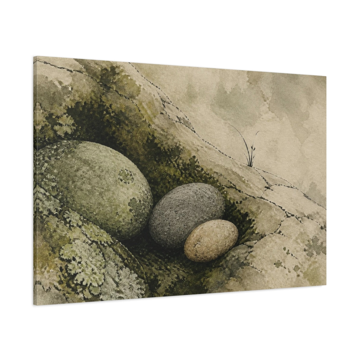 Side Mockup 1. Wabi Sabi River Stones shown as canvas print