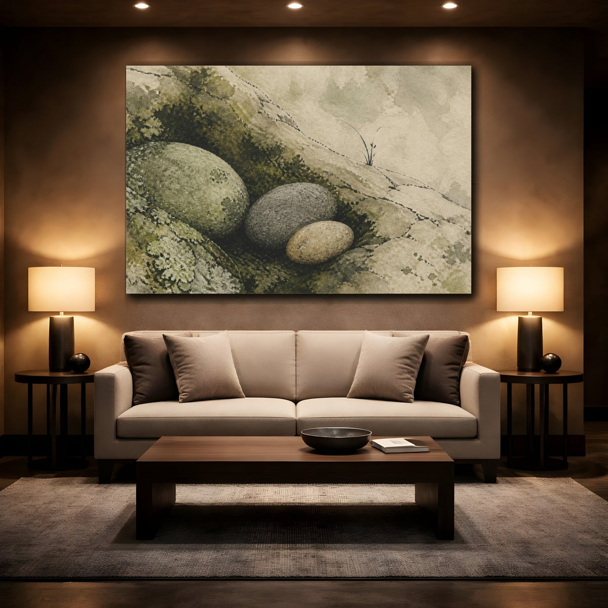 Mockup 2. Wabi Sabi River Stones shown as canvas print