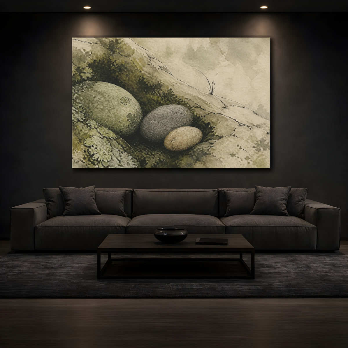 Mockup 3. Wabi Sabi River Stones shown as canvas print