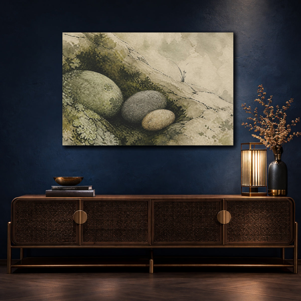 Mockup 4. Wabi Sabi River Stones shown as canvas print