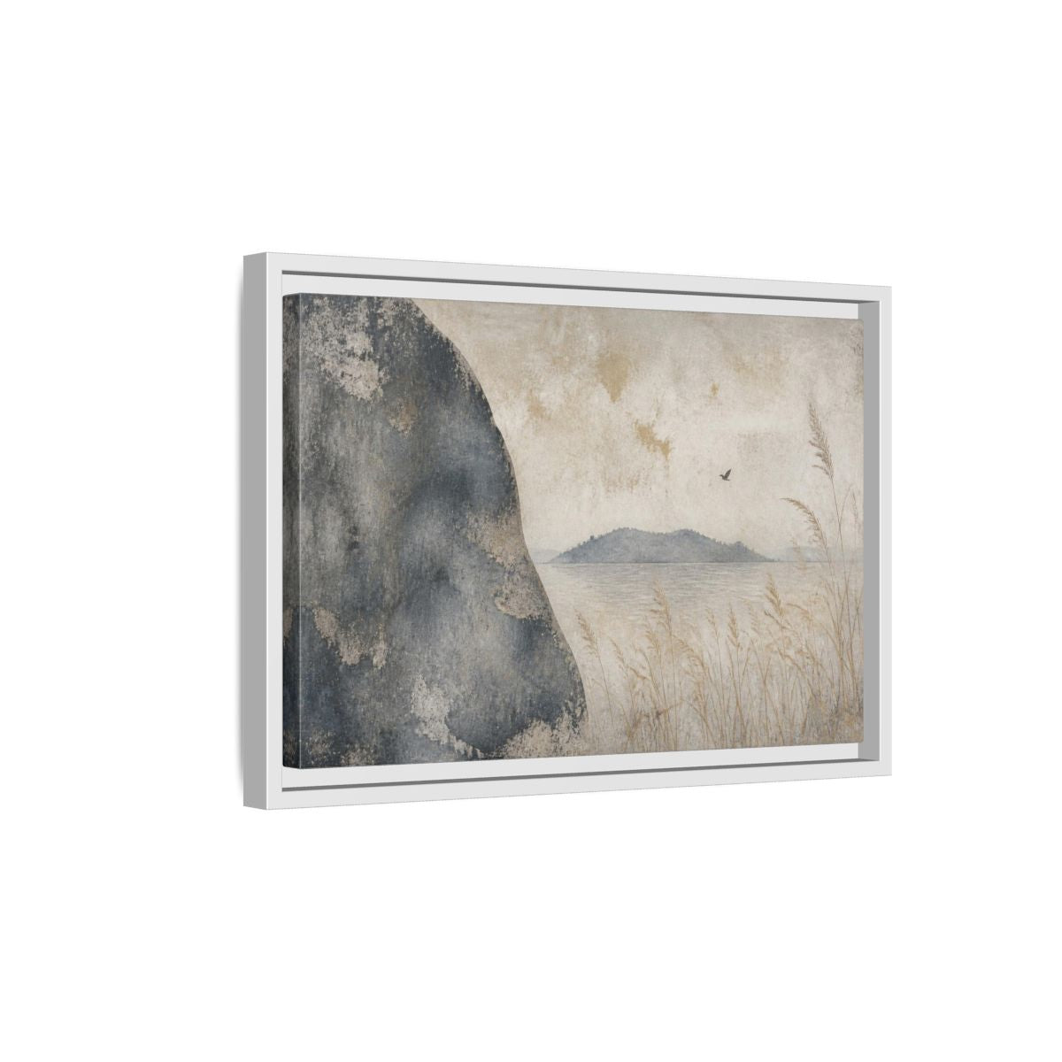 Side Mockup 4. Wabi Sabi Rock Shore shown as framed canvas print