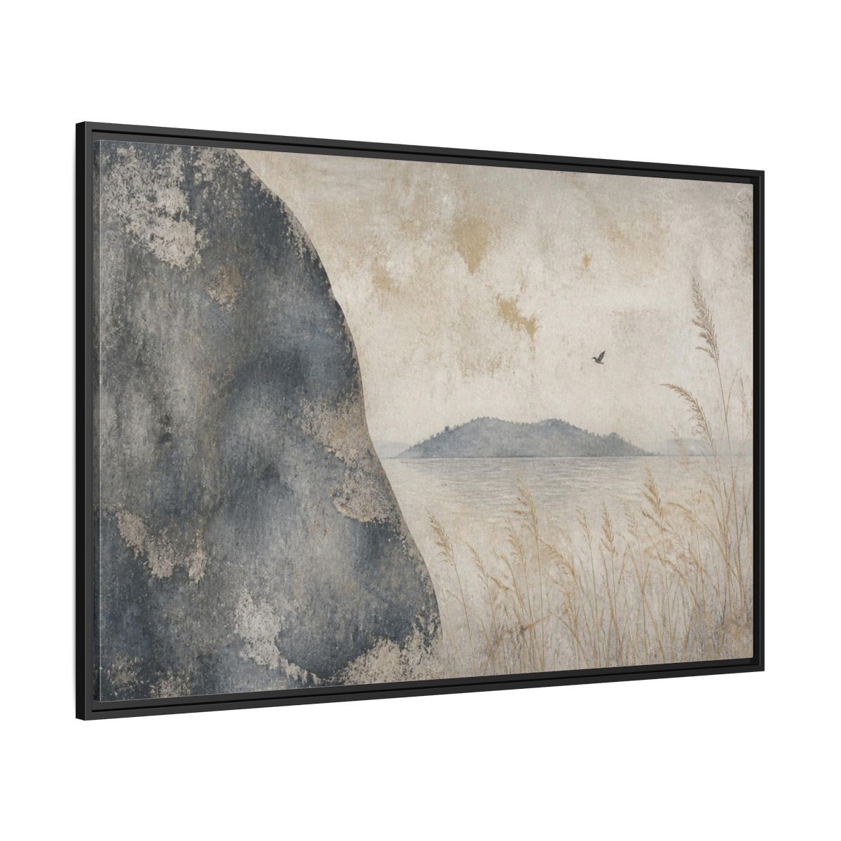 Side Mockup 12. Wabi Sabi Rock Shore shown as framed canvas print