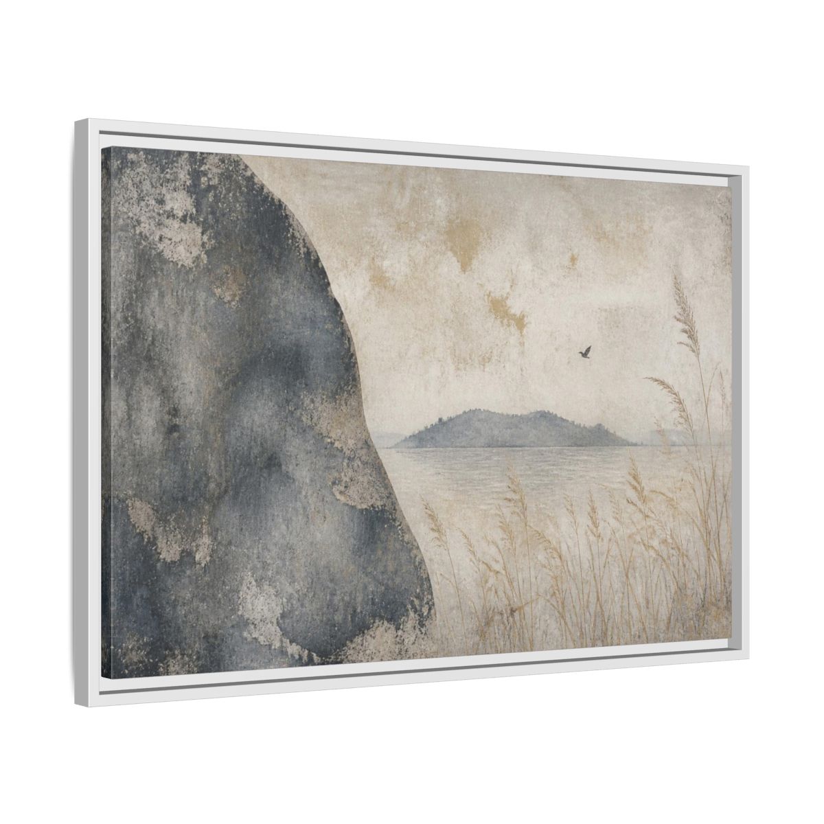 Side Mockup 10. Wabi Sabi Rock Shore shown as framed canvas print