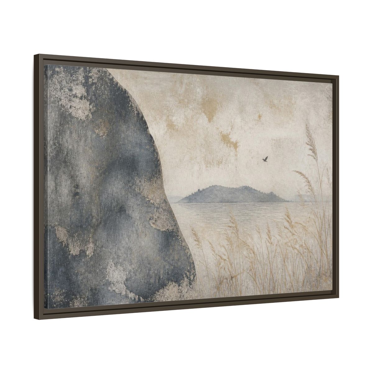 Main Mockup. Wabi Sabi Rock Shore shown as framed canvas print