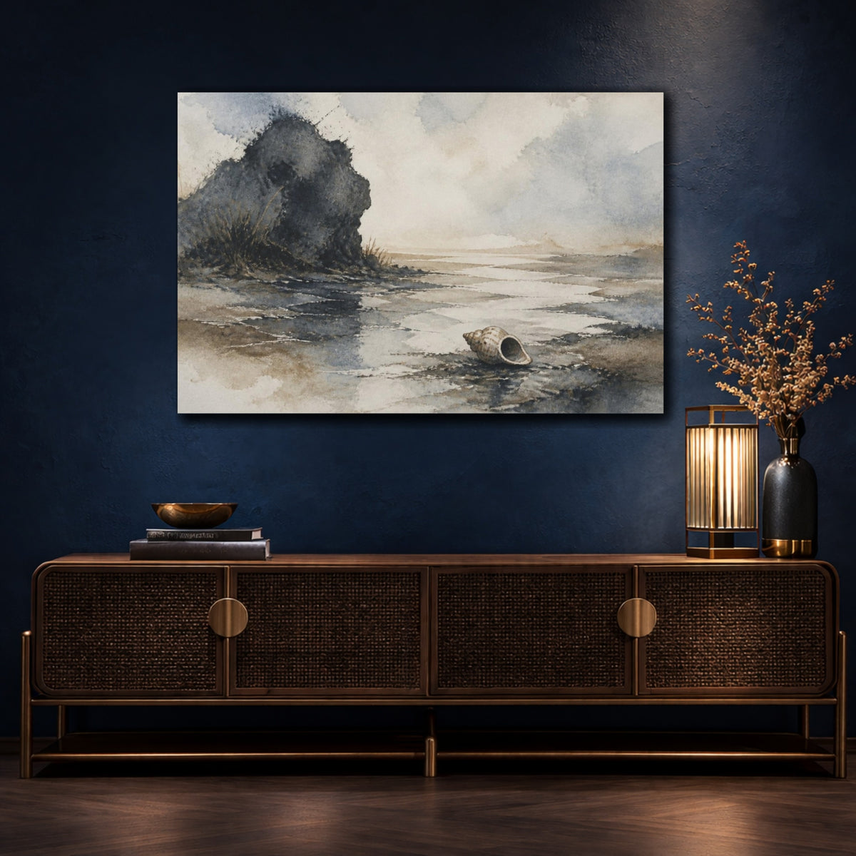 Mockup 4. Wabi Sabi Seashell Shore shown as canvas print