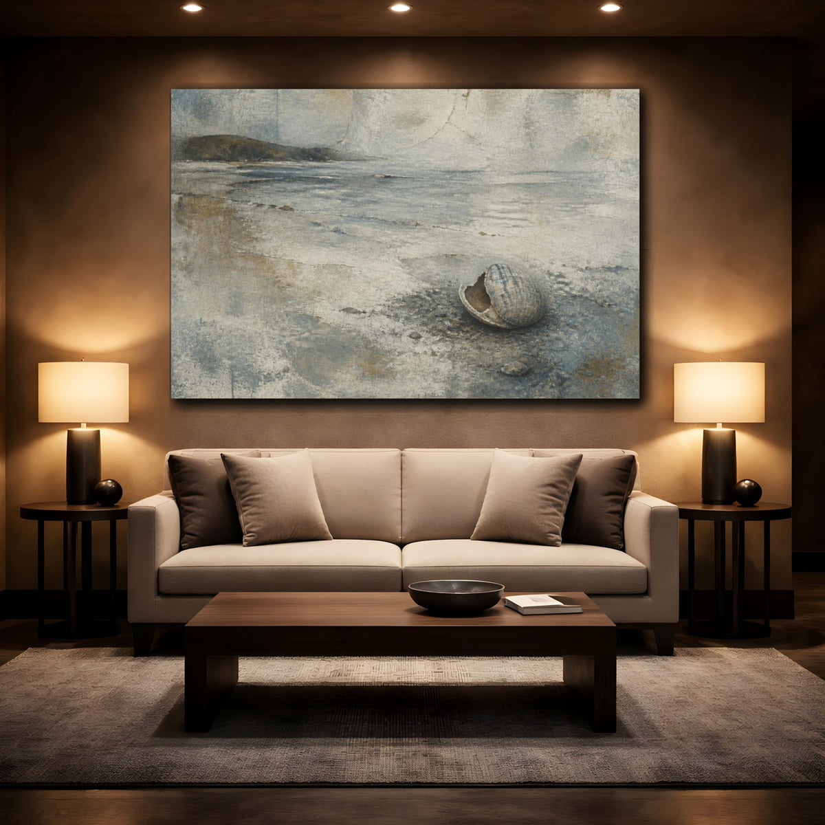 Mockup 2. Wabi-Sabi Seashell Shoreline shown as canvas print