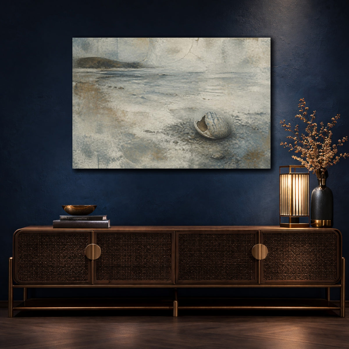 Mockup 4. Wabi-Sabi Seashell Shoreline shown as canvas print