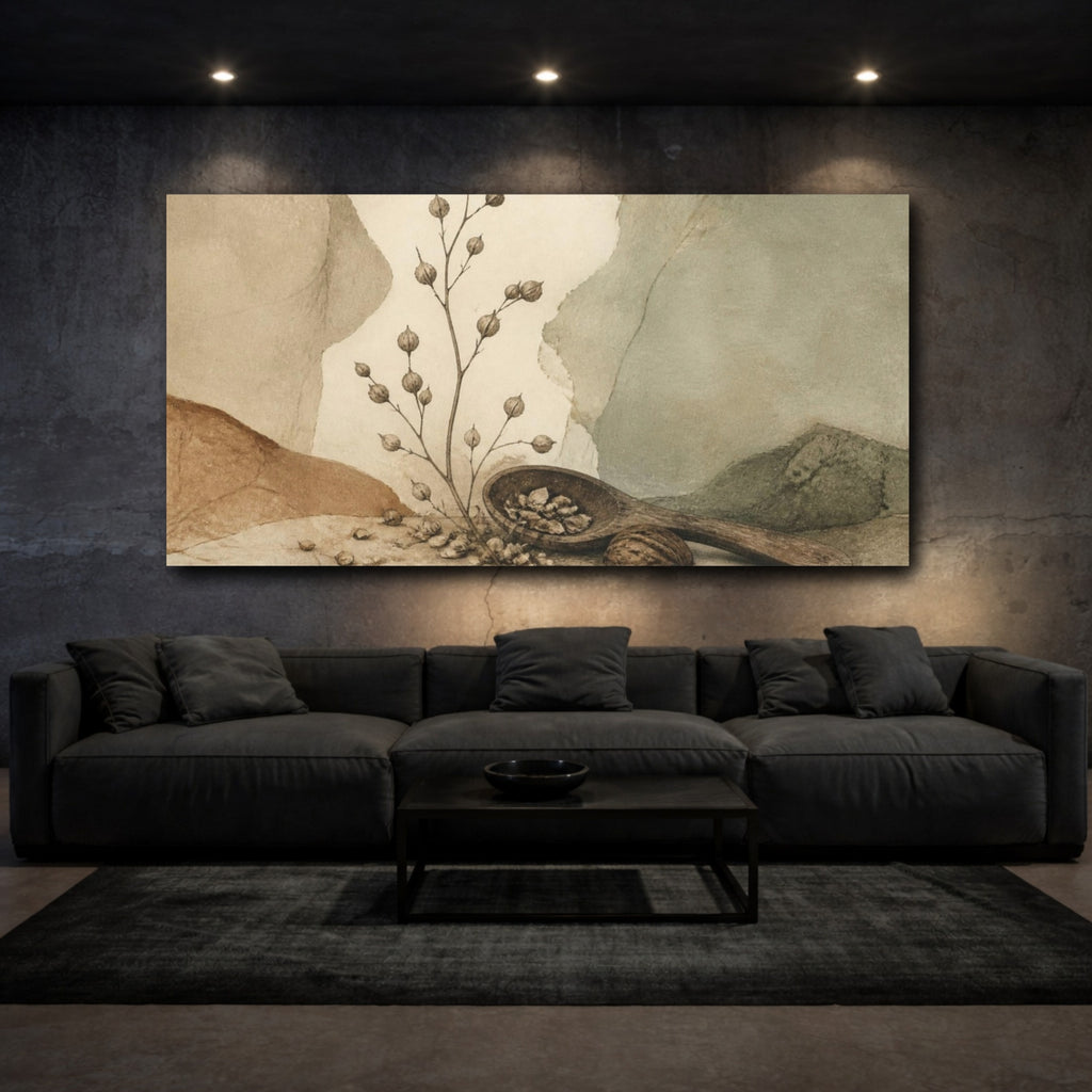 Mockup 3. Wabi Sabi Seed Pods shown as canvas print