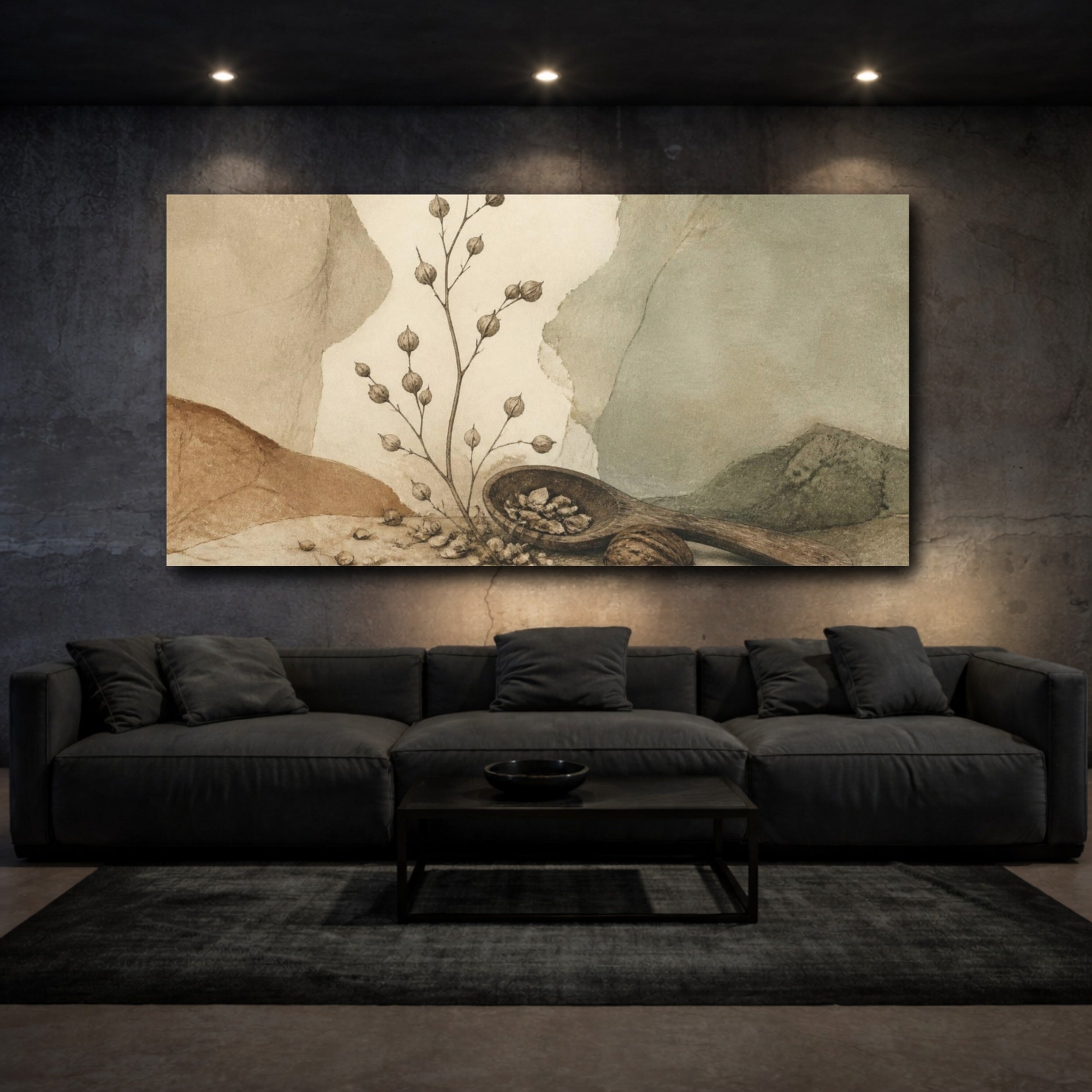 Mockup 3. Wabi Sabi Seed Pods shown as canvas print