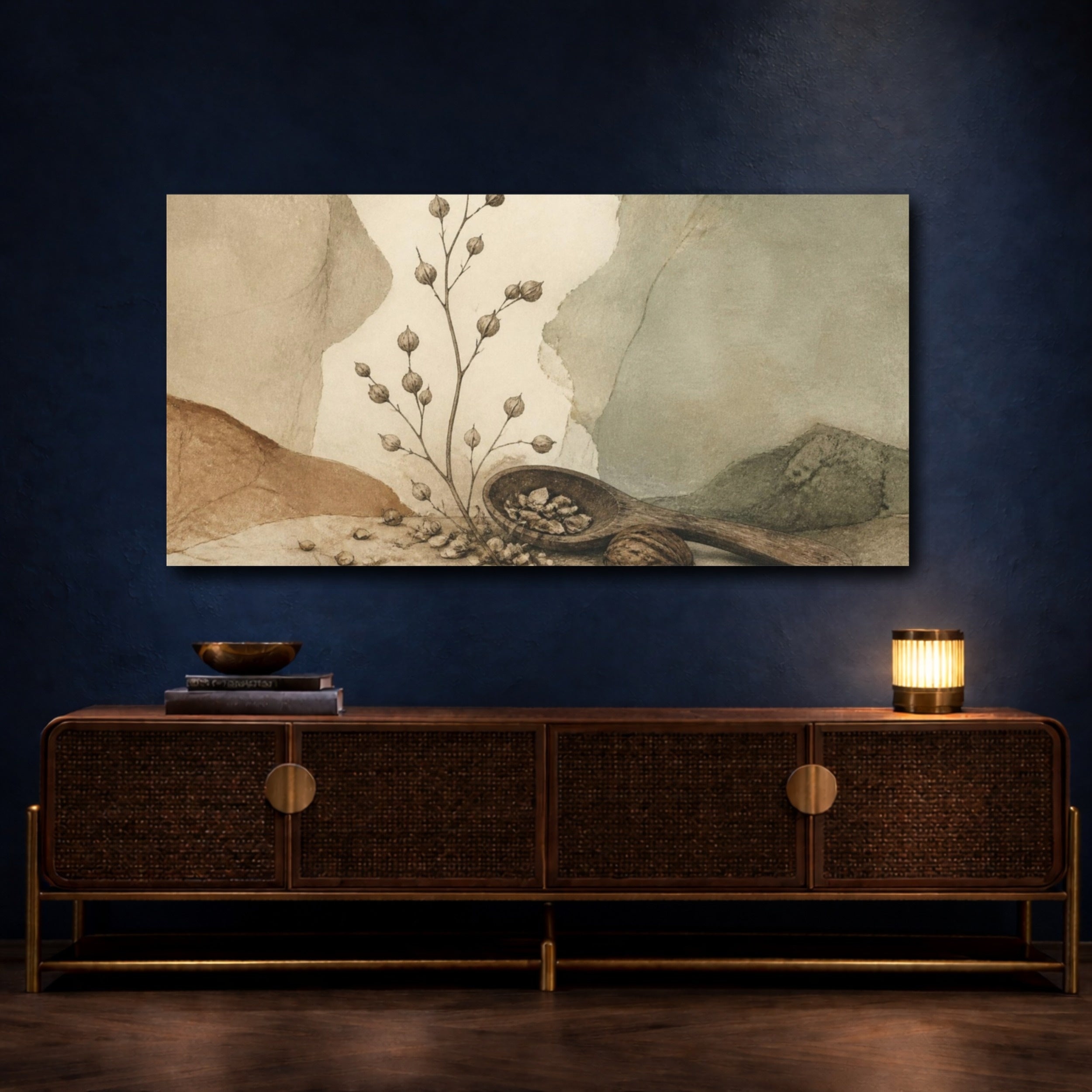 Mockup 4. Wabi Sabi Seed Pods shown as canvas print