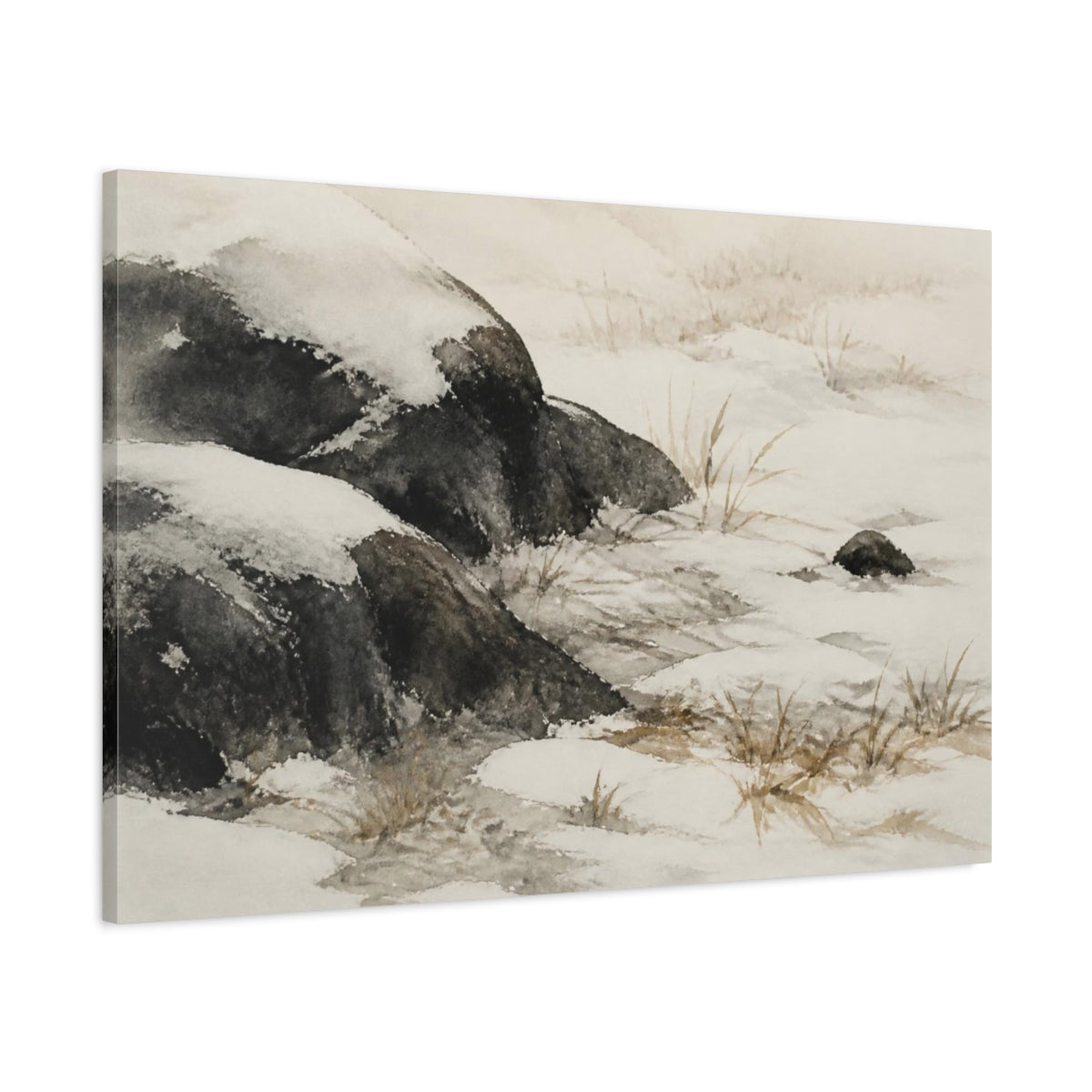 Main Mockup. Wabi Sabi Snowy Stones shown as canvas print