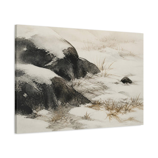 Main Mockup. Wabi Sabi Snowy Stones shown as canvas print