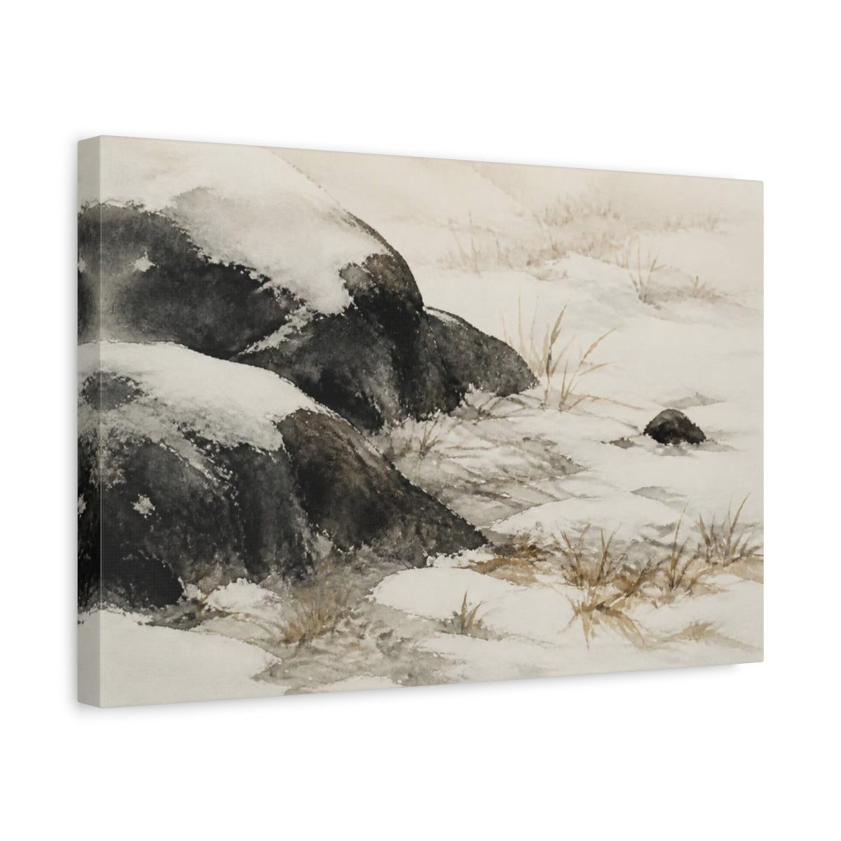 Side Mockup 4. Wabi Sabi Snowy Stones shown as canvas print