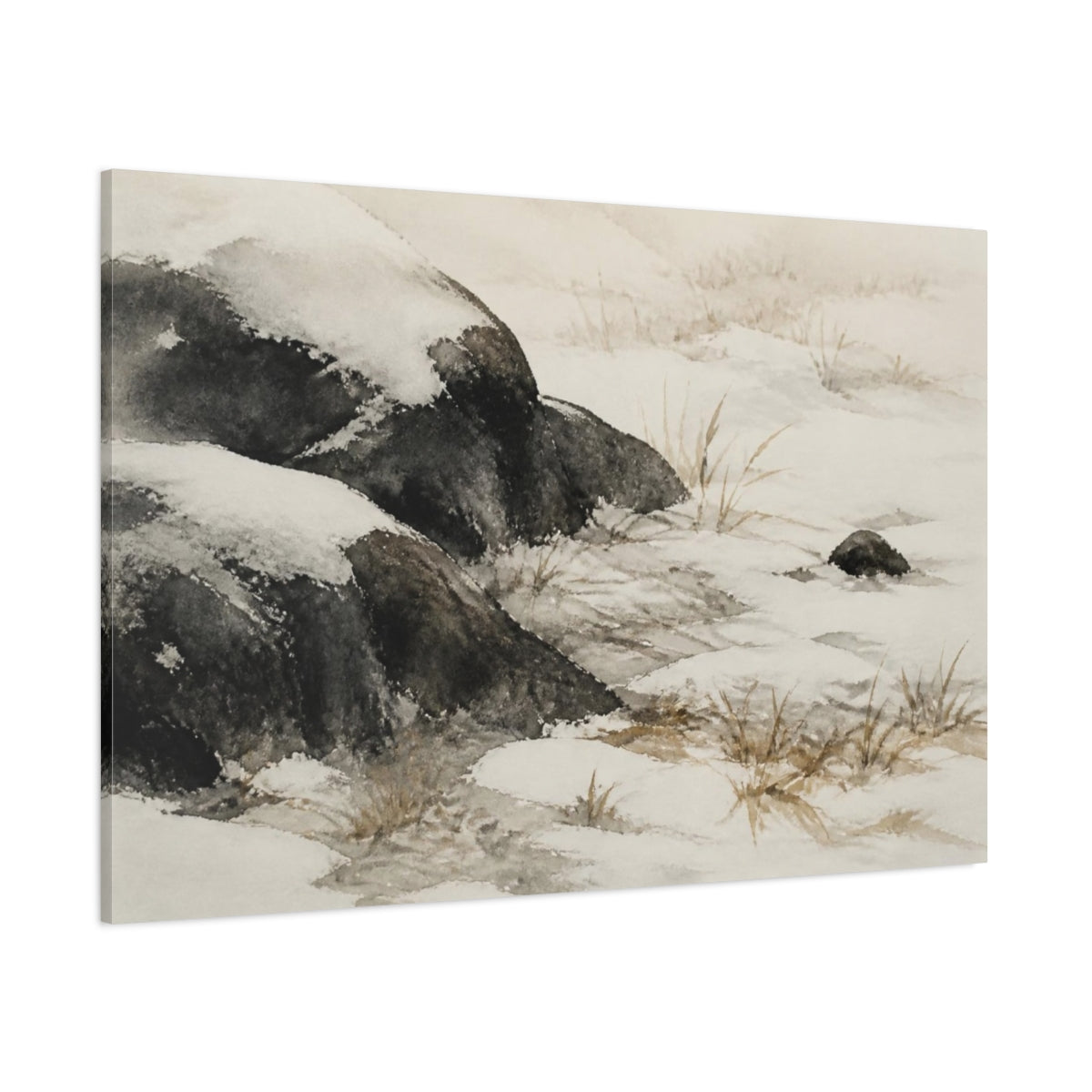 Side Mockup 1. Wabi Sabi Snowy Stones shown as canvas print