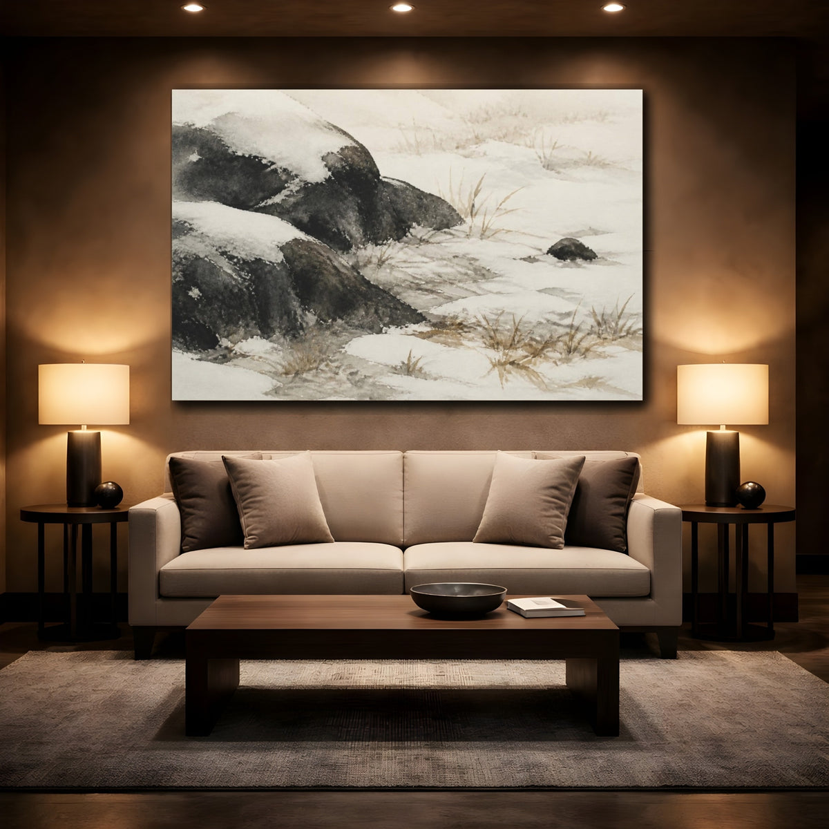 Mockup 2. Wabi Sabi Snowy Stones shown as canvas print