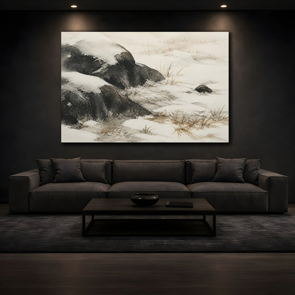 Mockup 3. Wabi Sabi Snowy Stones shown as canvas print