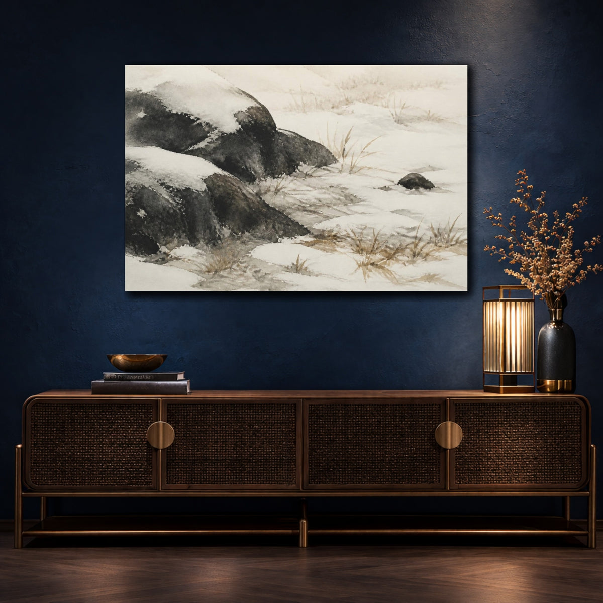 Mockup 4. Wabi Sabi Snowy Stones shown as canvas print