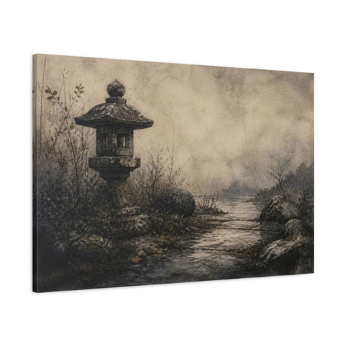 Main Mockup. Wabi Sabi Stone Lantern shown as canvas print