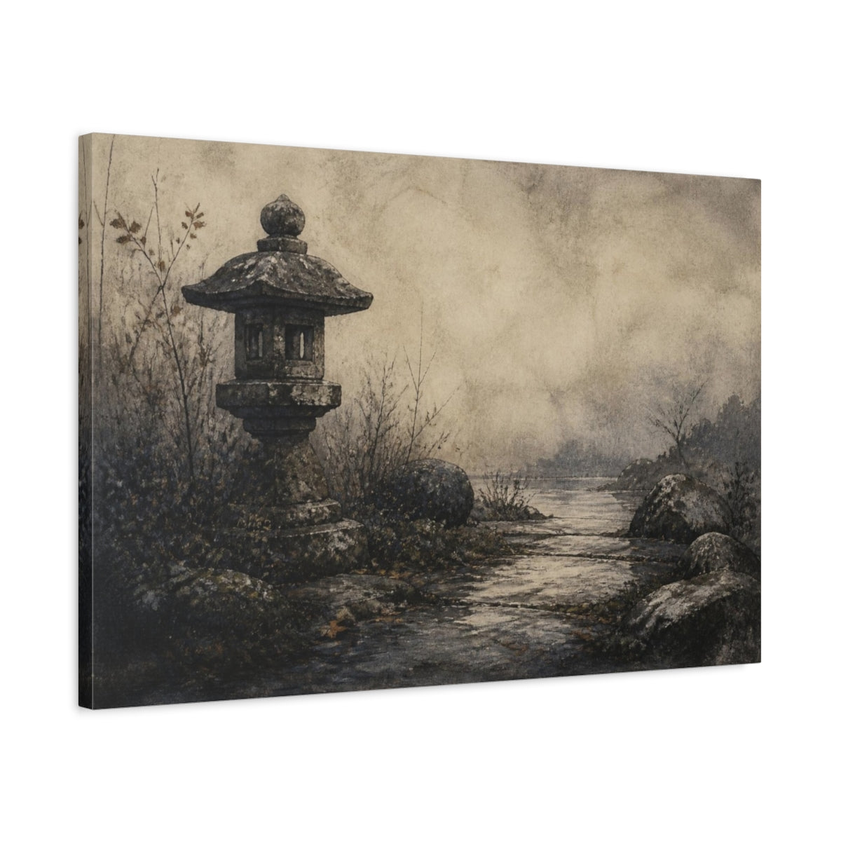 Side Mockup 2. Wabi Sabi Stone Lantern shown as canvas print