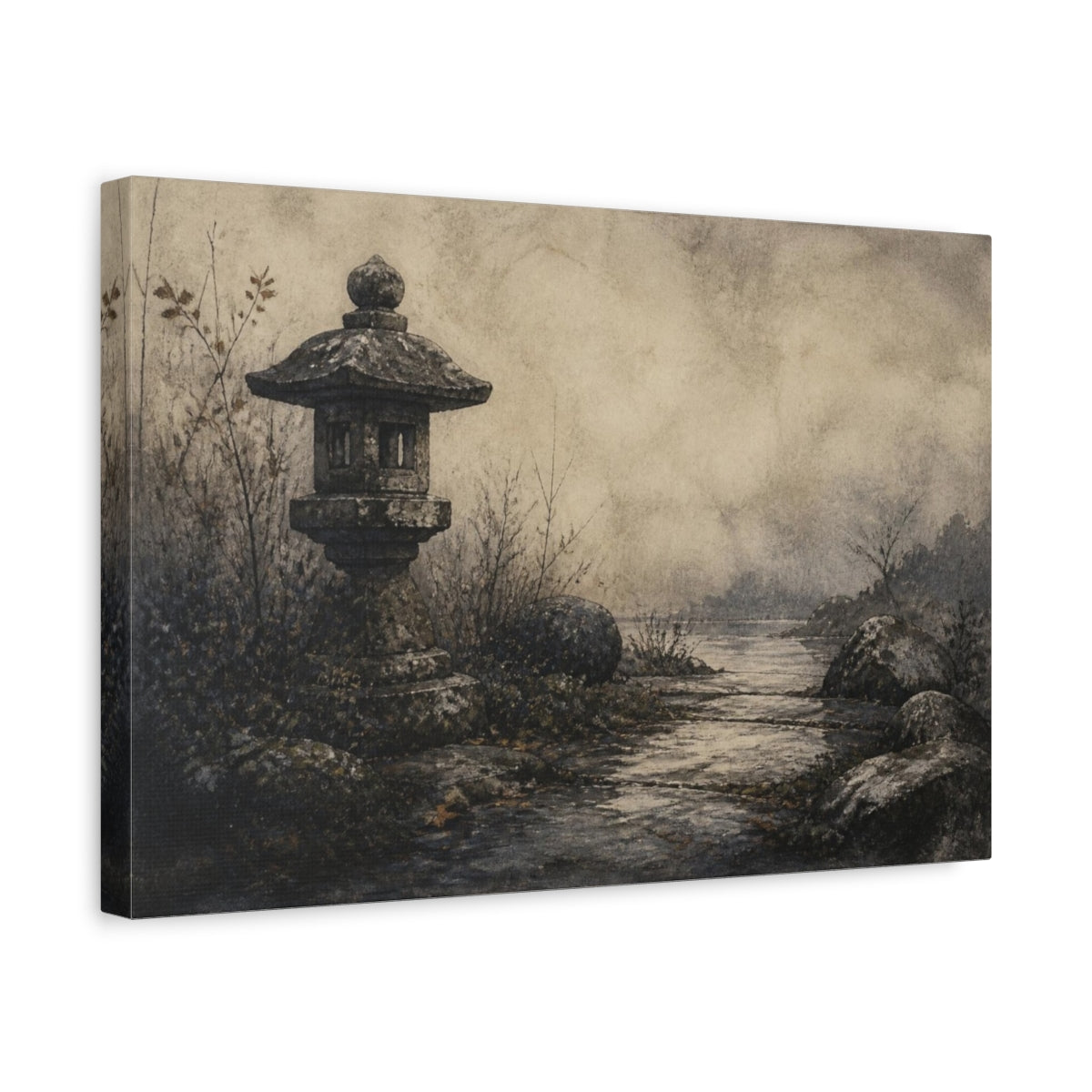 Side Mockup 4. Wabi Sabi Stone Lantern shown as canvas print