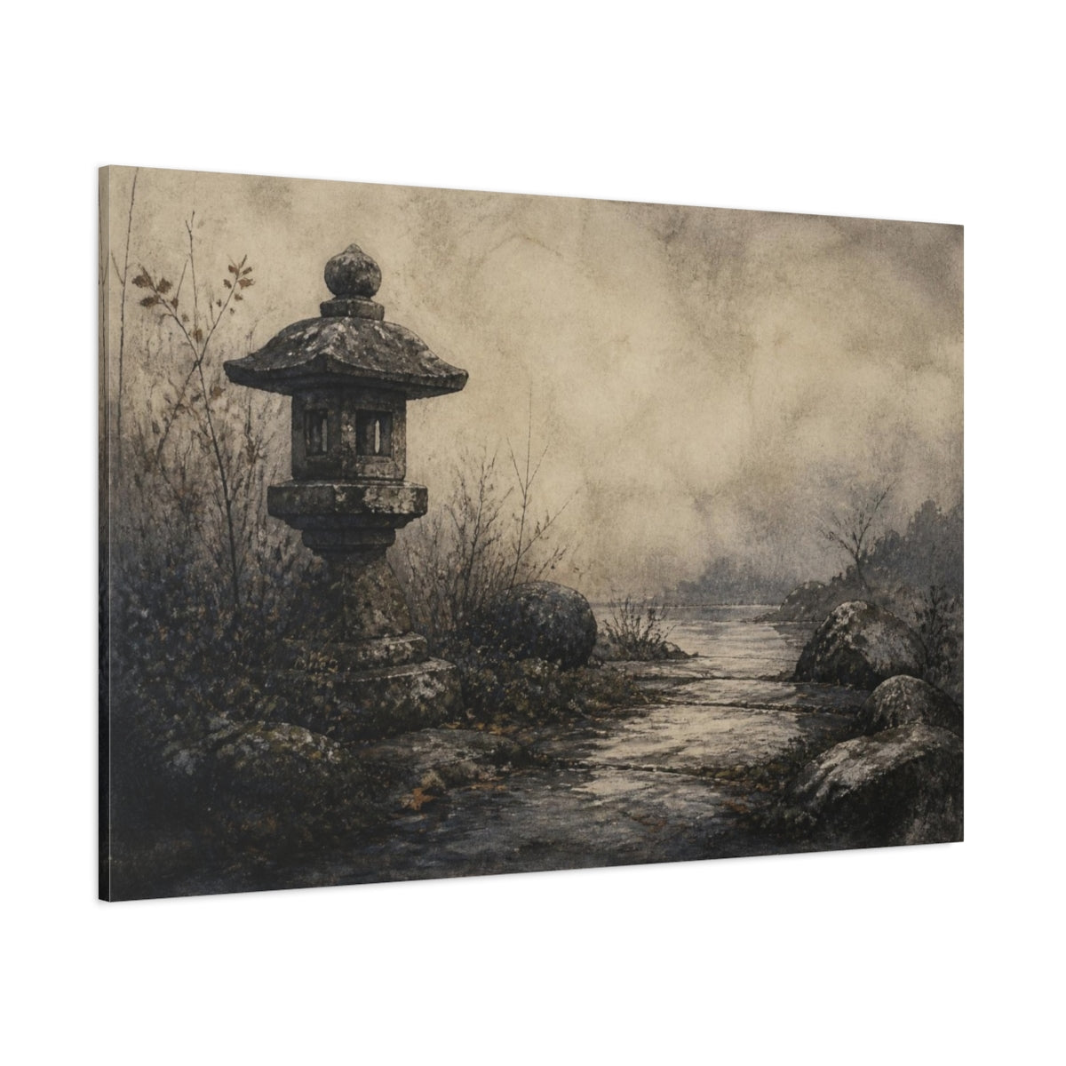 Side Mockup 1. Wabi Sabi Stone Lantern shown as canvas print