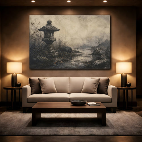 Mockup 2. Wabi Sabi Stone Lantern shown as canvas print