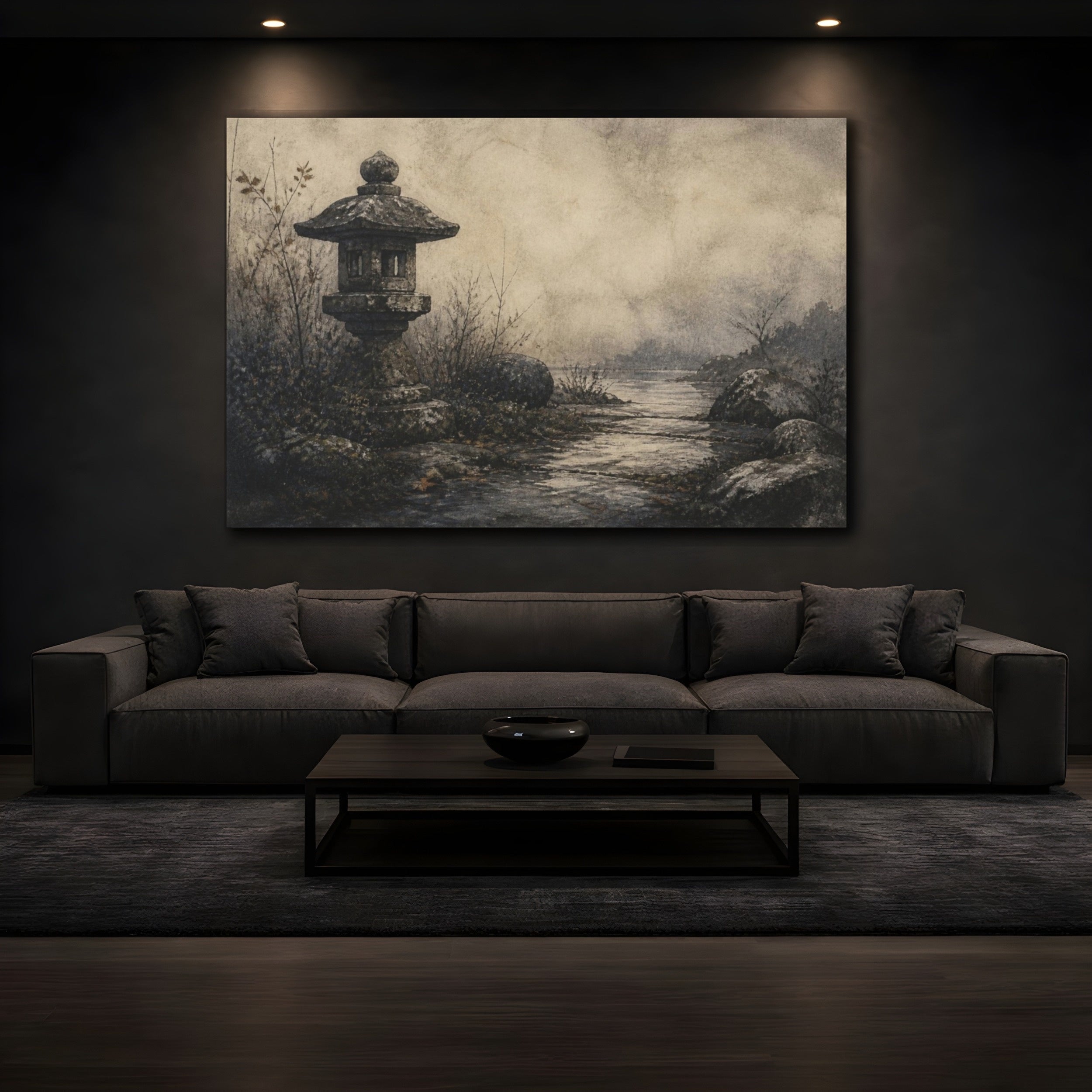 Mockup 3. Wabi Sabi Stone Lantern shown as canvas print