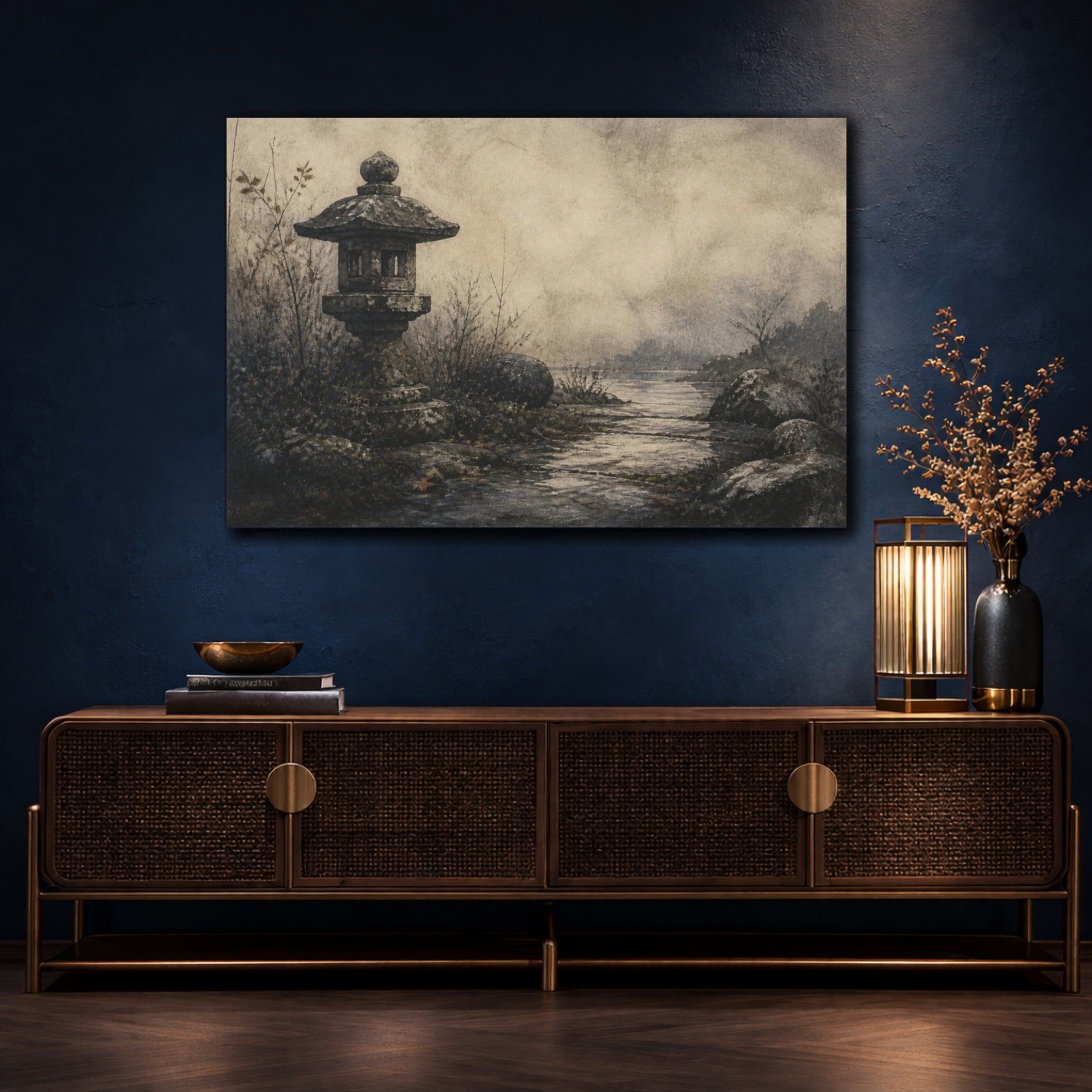Mockup 4. Wabi Sabi Stone Lantern shown as canvas print
