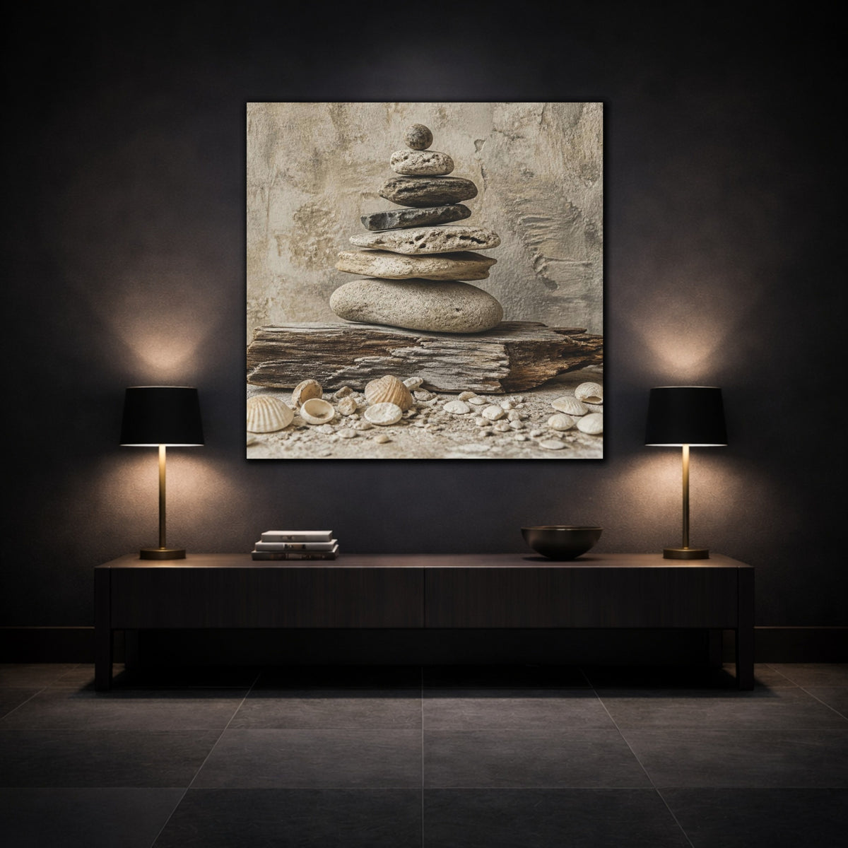 Mockup 3. Wabi Sabi Stone Stack shown as canvas print
