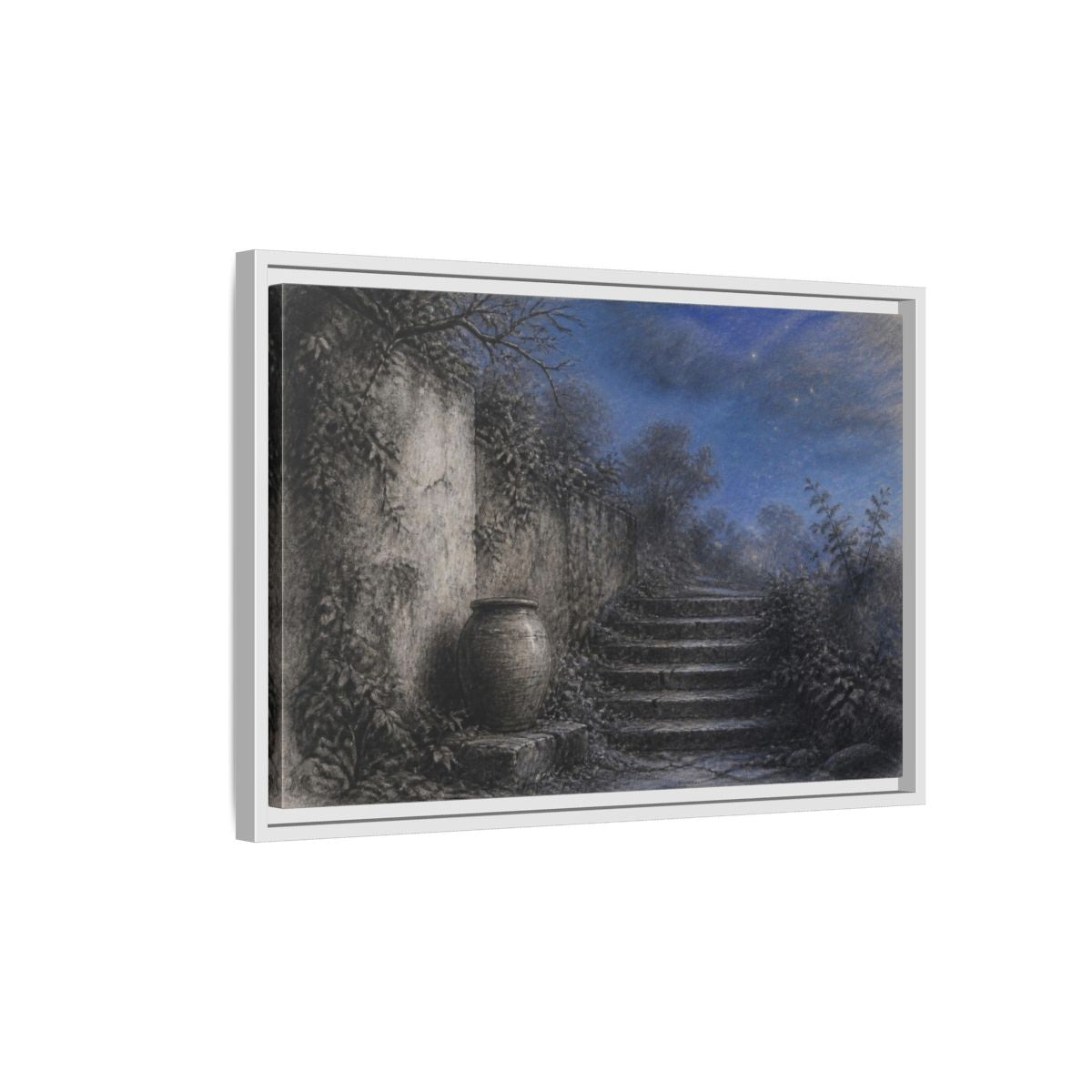 Side Mockup 1. Wabi Sabi Stone Stairs shown as framed canvas print