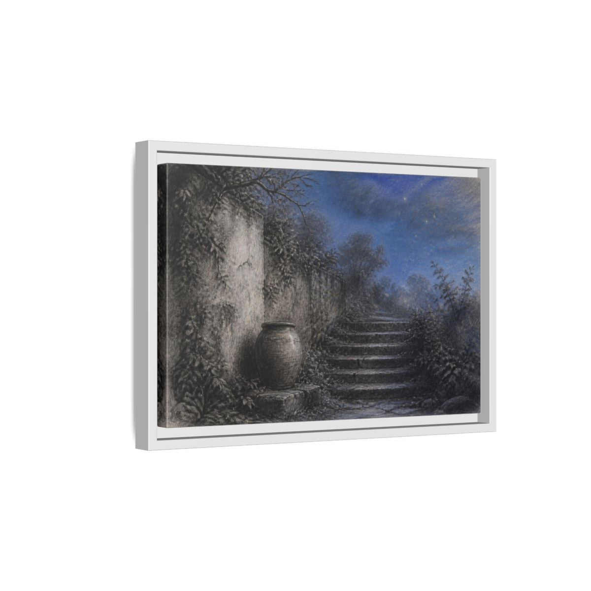 Side Mockup 4. Wabi Sabi Stone Stairs shown as framed canvas print