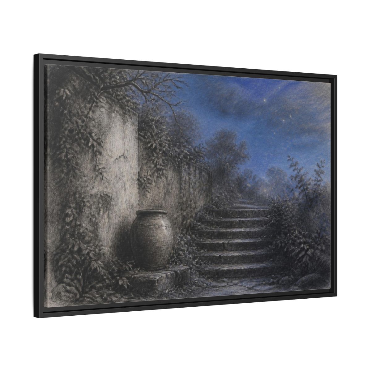Side Mockup 13. Wabi Sabi Stone Stairs shown as framed canvas print