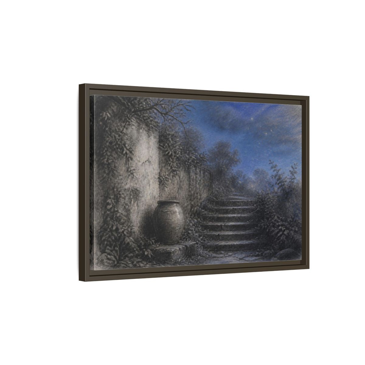 Side Mockup 2. Wabi Sabi Stone Stairs shown as framed canvas print