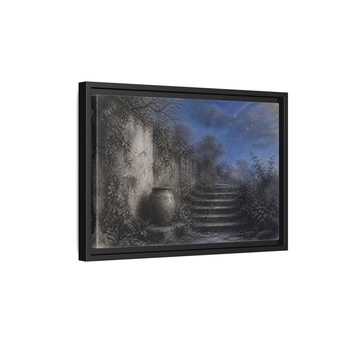 Side Mockup 6. Wabi Sabi Stone Stairs shown as framed canvas print