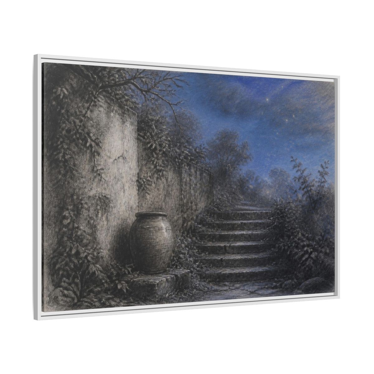 Side Mockup 7. Wabi Sabi Stone Stairs shown as framed canvas print