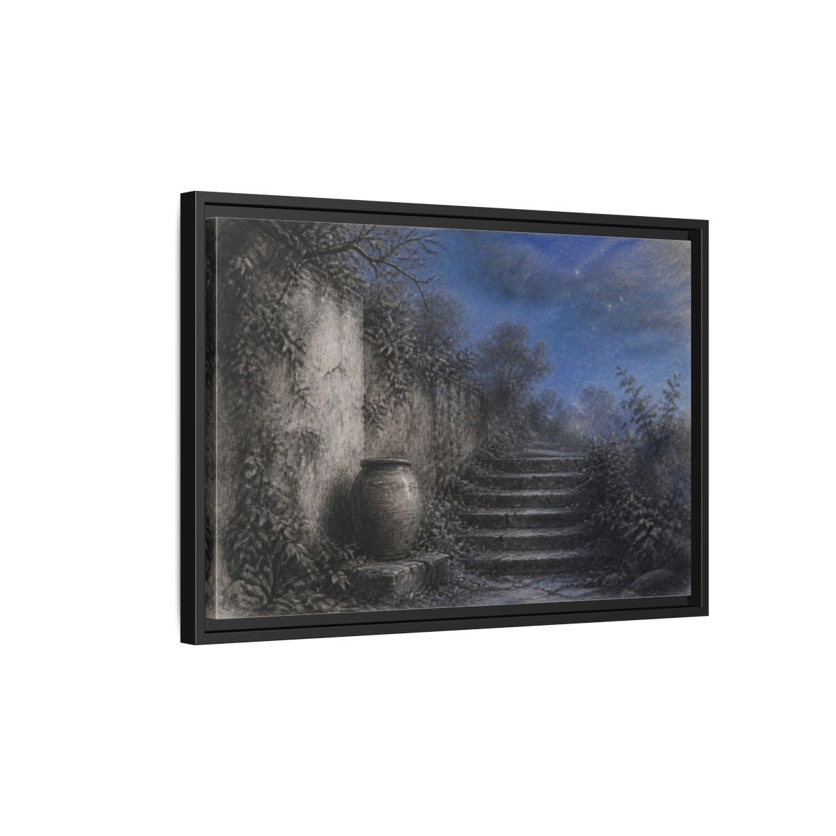 Side Mockup 3. Wabi Sabi Stone Stairs shown as framed canvas print