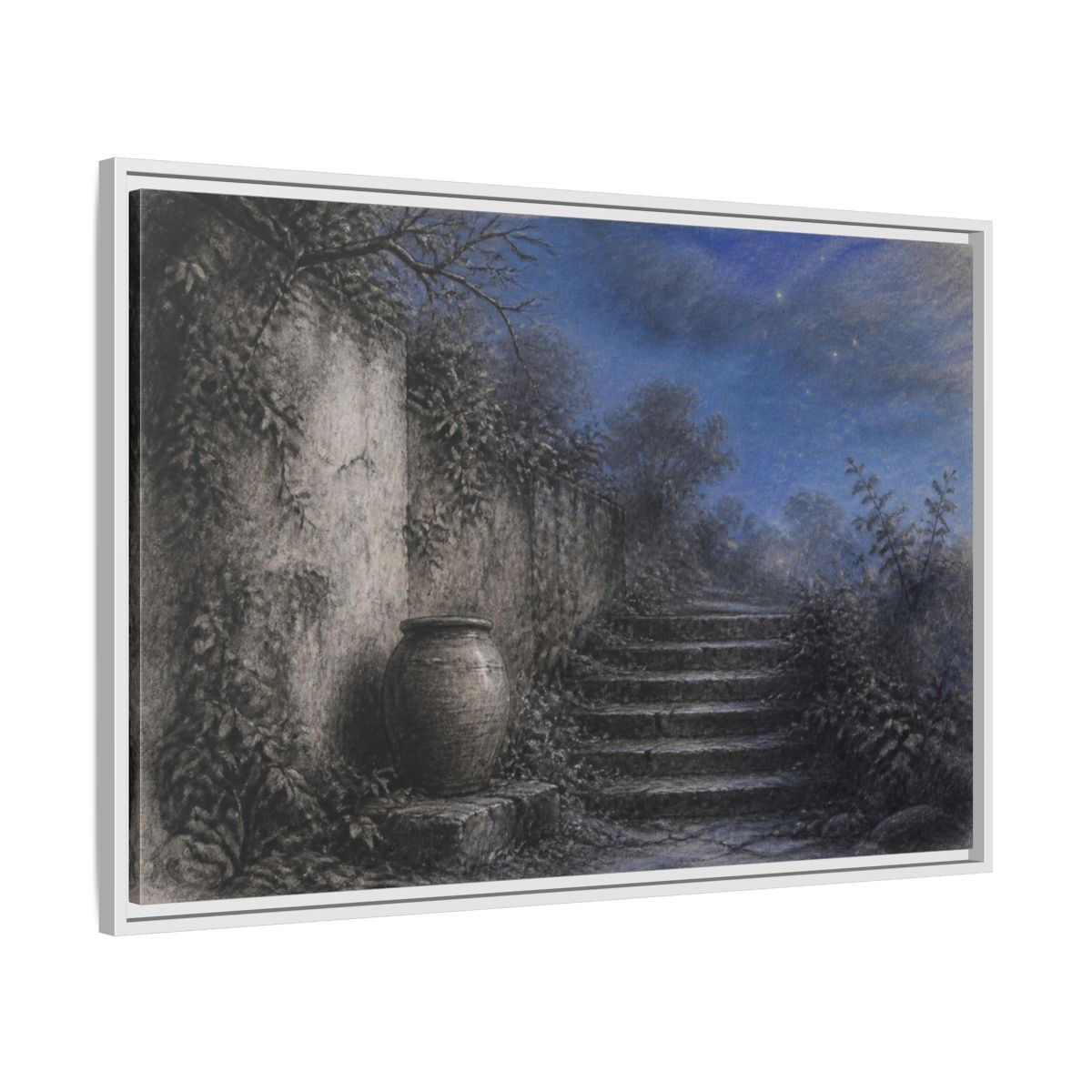 Side Mockup 9. Wabi Sabi Stone Stairs shown as framed canvas print