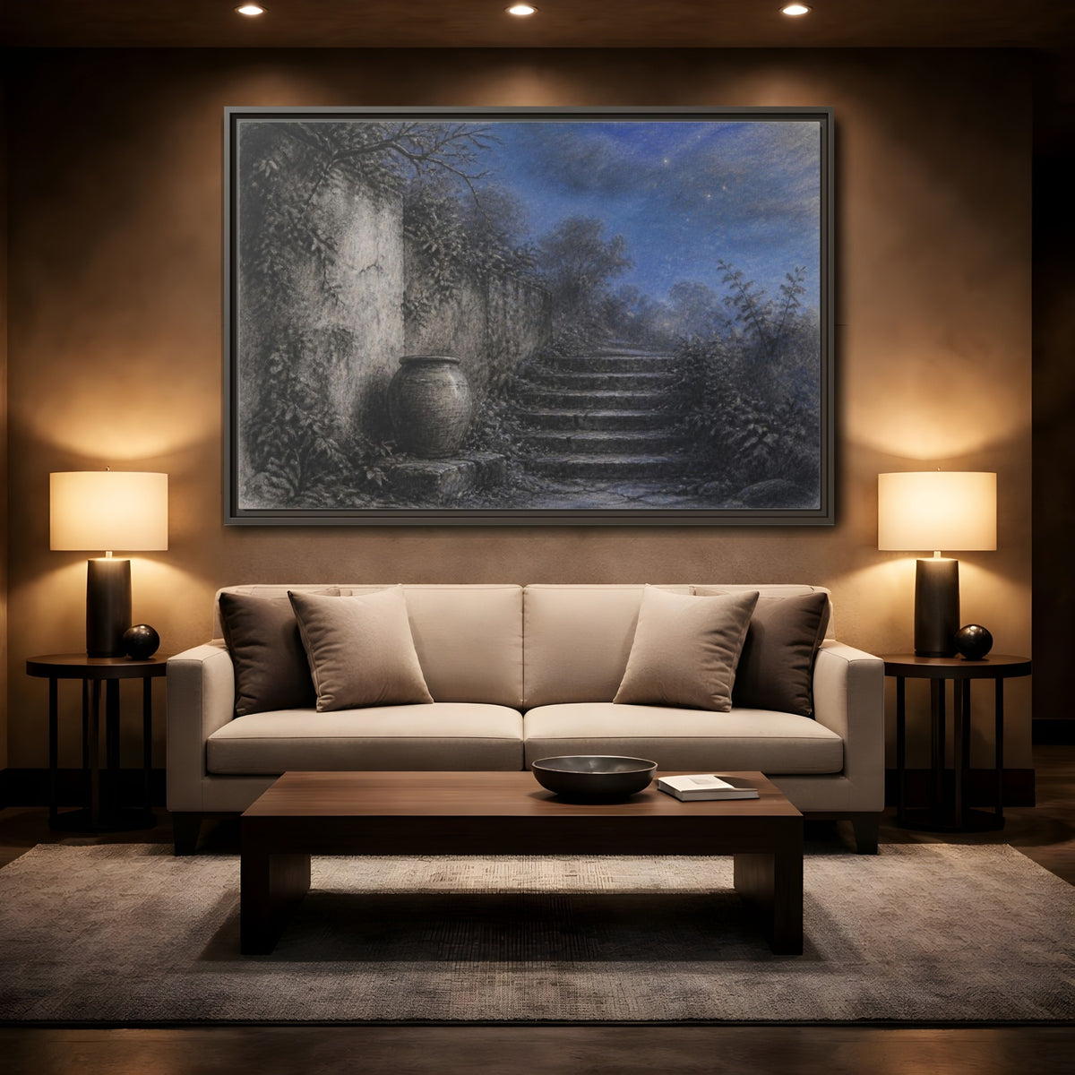 Mockup 2. Wabi Sabi Stone Stairs shown as framed canvas print