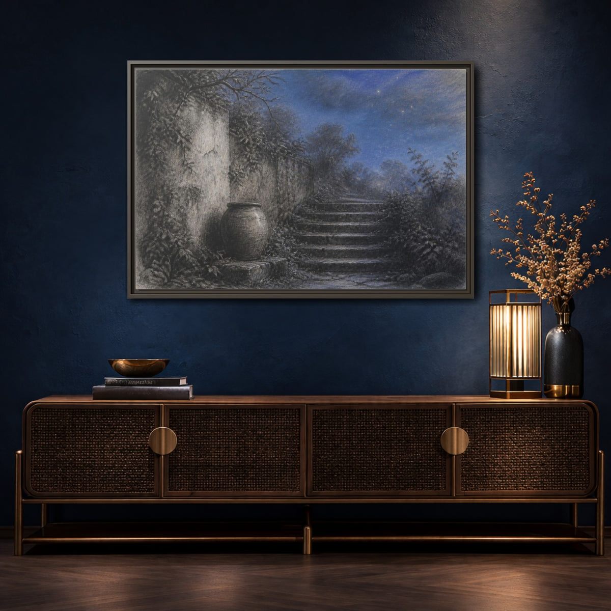 Mockup 4. Wabi Sabi Stone Stairs shown as framed canvas print