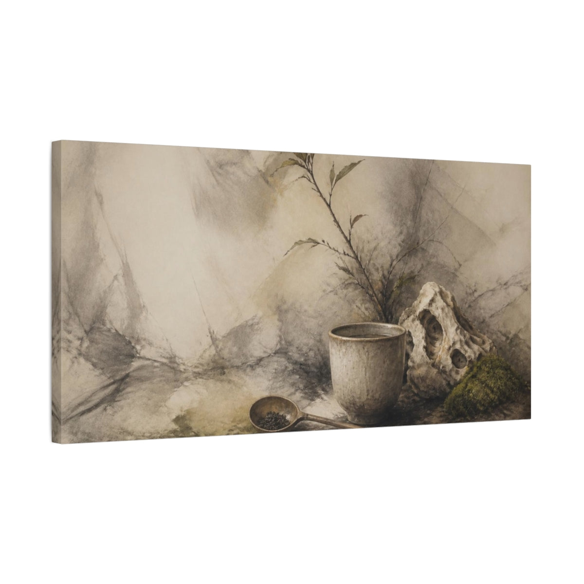 Side Mockup 1. Wabi Sabi Tea Cup shown as canvas print